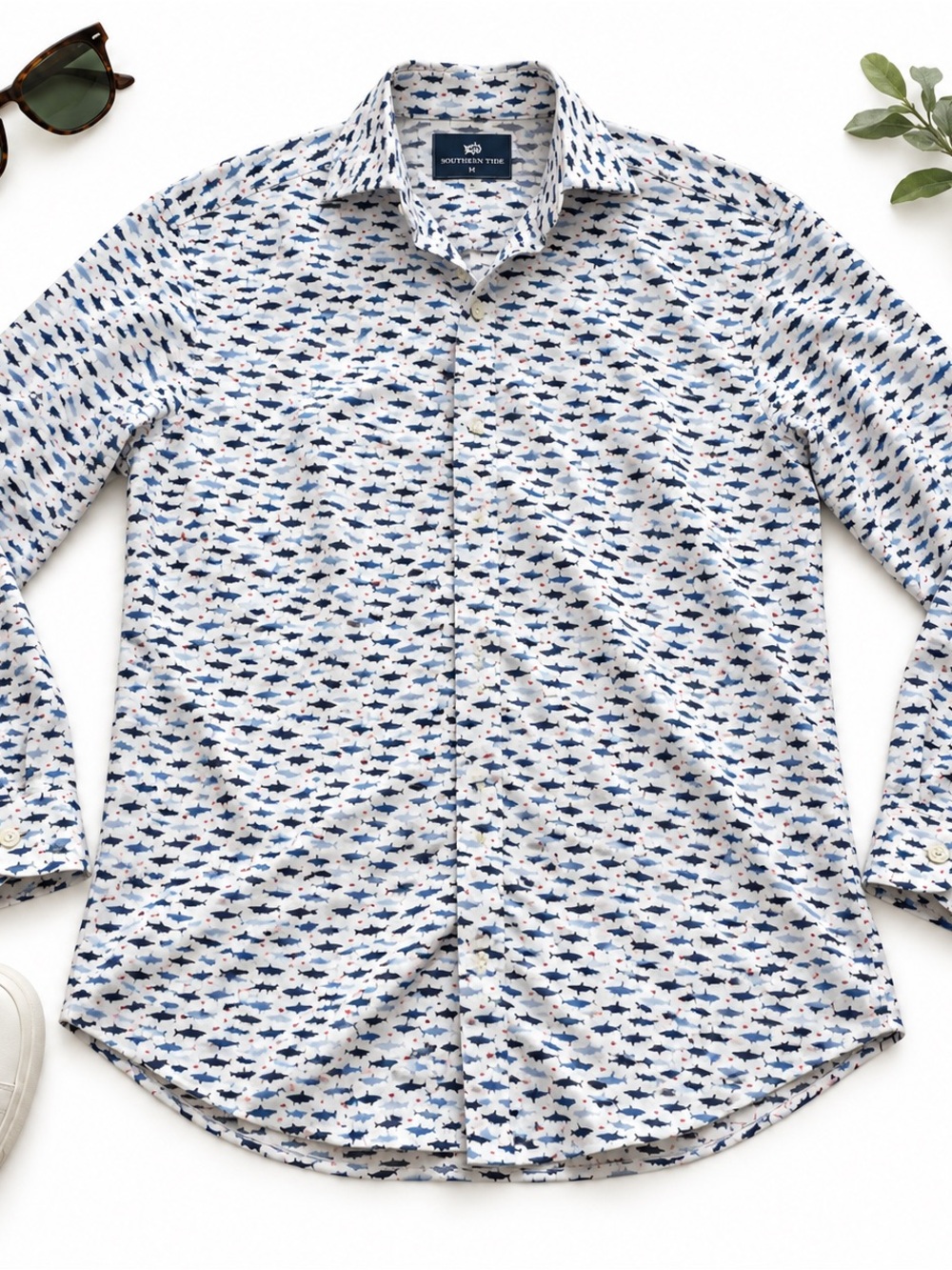Ben Sherman Tailored Slim Fit Shark Print Long Sleeve Button Up Shirt Men’s M